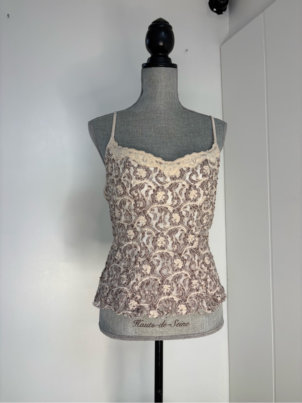 Papillon Blanc Cream and Taupe Lace-Overlay Whimsical Camisole